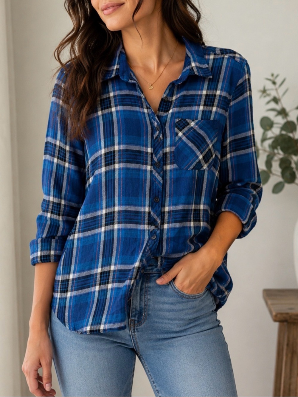 Women’s Blue Plaid Button-Down Shirt - Casual Everyday Top